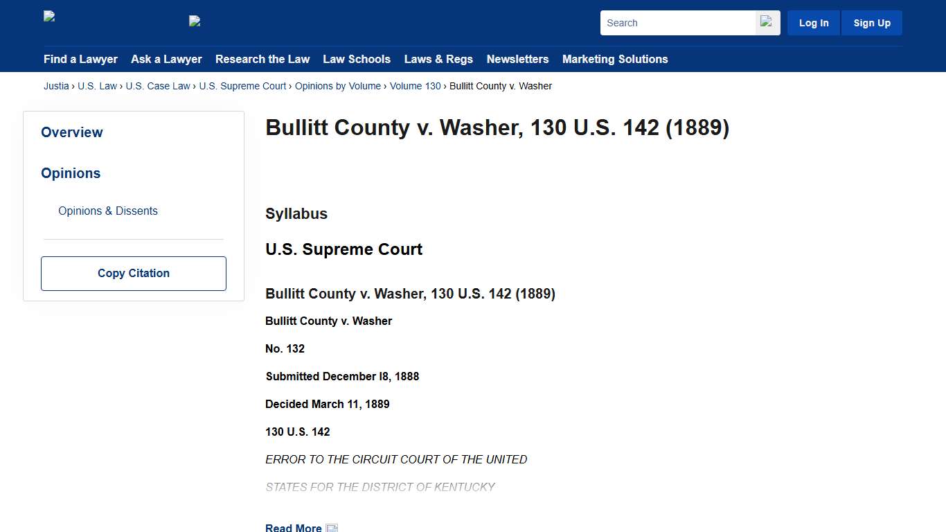 Bullitt County v. Washer 130 U.S. 142 (1889) Justia U.S. Supreme Court Center