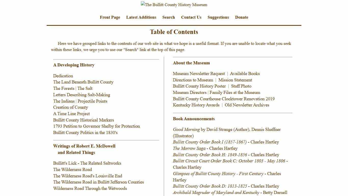 The Bullitt County History Museum - Table of Contents