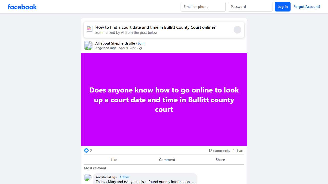 All about Shepherdsville Does anyone know how to go online to look up a court date and time in Bullitt county court Facebook